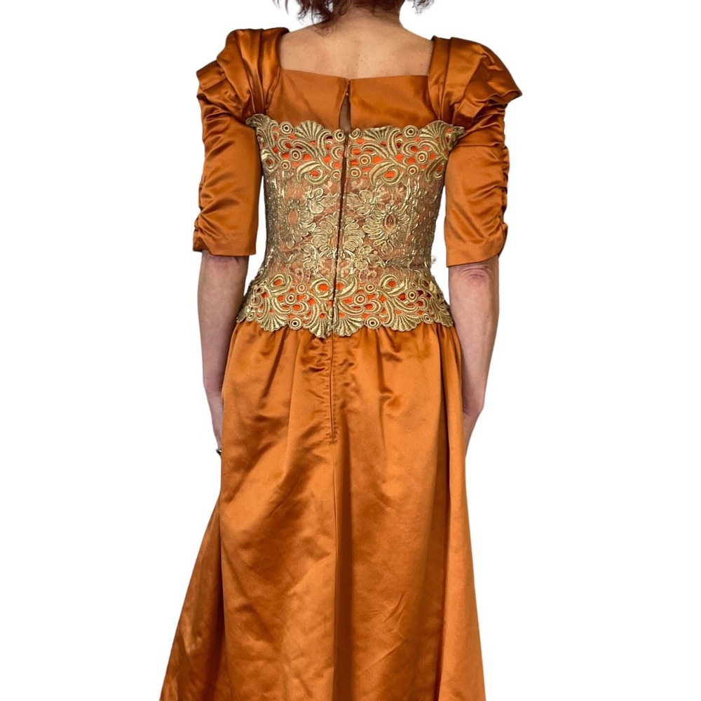 ESCADA COUTURE WOMEN'S SILK SATIN ORANGE EMBROIDERED VICTORIAN BALL GOWN 36 4/6 - Picture 9 of 15